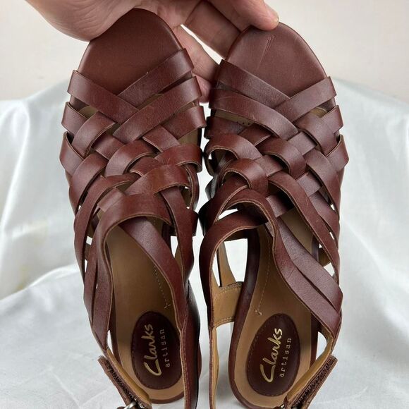 Clarks Artisan Woven Brown Leather Sandals Block Heel Earthy Neutral Size 8 M - Picture 2 of 5